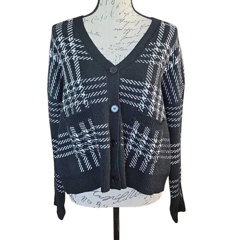 Bobeau Women's Size Large Black White Woven Pattern Cardigan Sweater